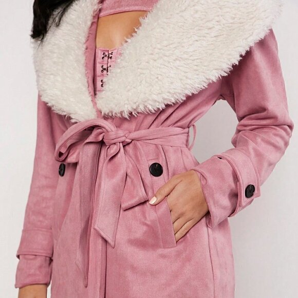 Pink Casual Womens Borg Collar Belted Coat - Picture 4 of 6